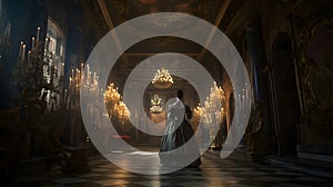 Alone woman in Baroque dress standing inside large abanodned mansion hall in Baroque style, neural network generated photo