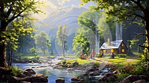Along the banks of a tranquil river, nestled deep within a lush forest, a family enjoys a serene picnic amidst the beauty of