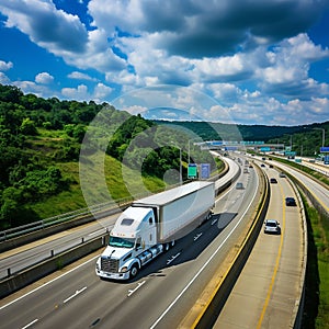 Along the expansive highway, the cargo truck barrels forward, transporting goods to destinations far and wide