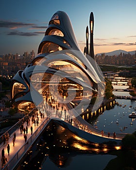 Along a modern waterfront, a futuristic architecture cityscape emerges, boasting avant-garde skyscrapers, innovative designs