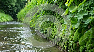 Along a river a green wall made of living plants lines the bank preventing erosion and providing a habitat for local