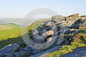 Along the slopes of Higger Tor, across Hathersage Moor on  hazy morning