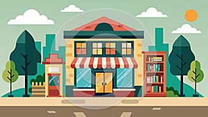 Along the way they pass by a charming old bookstore that has been a beloved neighborhood landmark for decades.. Vector photo