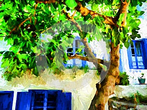 Alonissos Greek island house with a big tree. Digital painting.