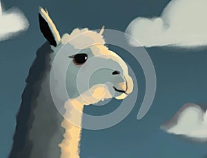 An aloof Alpaca chewing his cud while gazing out into the horizon. Cute creature. AI generation