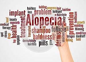 Alopecia word cloud and hand with marker concept