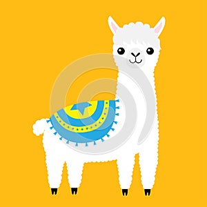 Alpaca llama animal. Cute cartoon funny kawaii character. Fluffy fur. Long hair. Childish baby collection. T-shirt, greeting card,