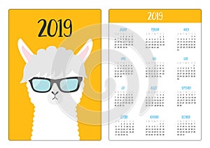 Alpaca llama animal face wearing sun glassess. Simple pocket calendar layout 2019 new year. Week starts Sunday. Cute cartoon