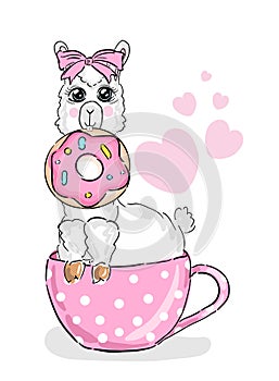 Alpaca llama sitting in coffee cup teacup. Pink hearts. Funny face . Cute cartoon character. White background. Love card