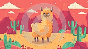 Alpaca in Mexican desert with red mountains, sand, and cactuses. Modern illustration in the style of a cartoon. Guanaco