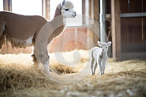 alpaca mother with cria at barn corner