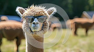 alpaca portrait in sunglasses, mammal from the camelid family. Generative Ai