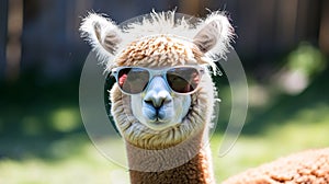 alpaca portrait in sunglasses, mammal from the camelid family. Generative Ai