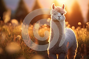 Alpaca (Vicugna pacos), on beautiful nature of the high mountains, sunset light.