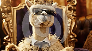 alpaca wearing tie with crown and sunglasses sitting on a throne. Generative Ai