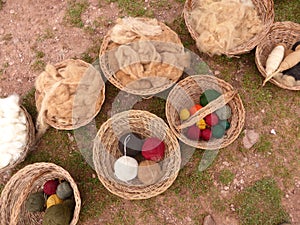 Alpaca wool and yarn in baskets