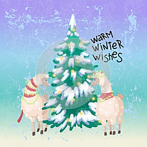 Alpacas celebrates christmas, winter concept, design postcard poster congratulation, vector illustration