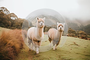 Alpacas grazing peacefully in a grassy field. Generative AI