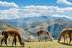 alpacas grazing on a sunny hillside with mountains behind