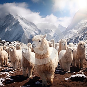 Alpacas herd in the snowcaped mountains