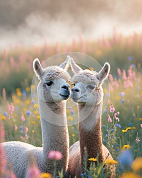 Alpacas nuzzling gently in a wildflower meadow during soft morning light. photo