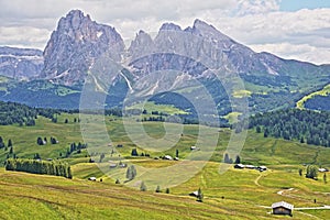 Alpe de Siusi above Ortisei with Sassolungo and Sassopiatto mountains in the background and mountain huts in the foreground, Val G