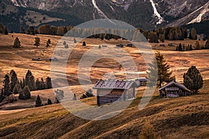 Alpe di Siusi, Italy - Traditional wooden chalets at Seiser Alm, an alpine meadow at autumn morning at the Italian Dolomites photo