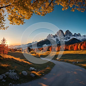 Alpe di Siusi - Seiser Alm- Langkofel mountain group. landscape of Alpine red autumn Alpe di Siusi. hiking