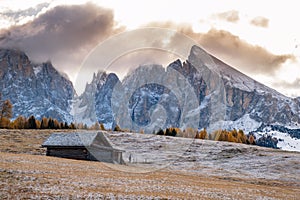 Alpe di Siusi or Seiser Alm with Sassolungo - Langkofel mountain group