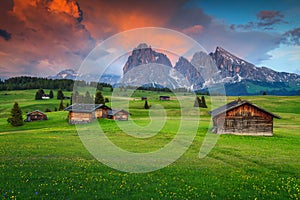 Seiser Alm with Langkofel group in background at sunset, Italy photo