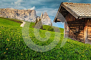 Alpe di Siusi resort and Mount Sciliar mountain, Dolomites, Italy