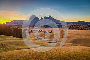 Alpe di Siusi at sunrise, Dolomites, South Tyrol, Italy