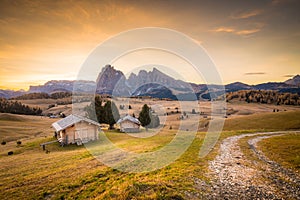 Alpe di Siusi at sunrise, Dolomites, South Tyrol, Italy