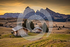 Alpe di Siusi at sunrise, Dolomites, South Tyrol, Italy