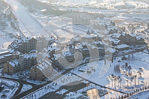 Alpencia, South Korea, 2016 - Olympic Village for the 2018 Winter Olympics. Hotel at the ski slope in the Olympic village. View