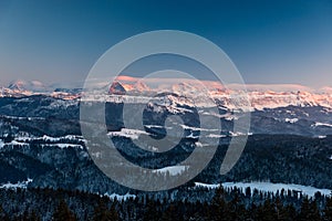 Alpenglow in winter on Eiger MÃÂ¶nch and Jungfrau in the Bernese Alps