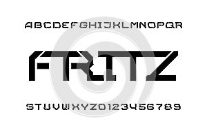 Fritz alphabet font. Splitter stencil letters and numbers. photo