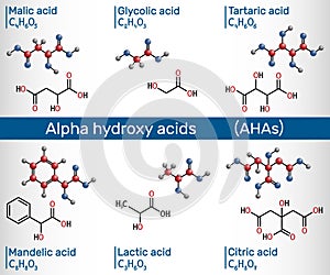 Alpha hydroxy acids, AHA. Glycolic C2H4O3, lactic C3H6O3, malic C4H6O5, tartaric C4H6O6, citric C6H8O7, mandelic acid