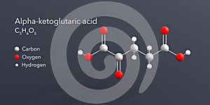 alpha-ketoglutaric acid molecule 3d rendering, flat molecular structure with chemical formula and atoms color coding photo