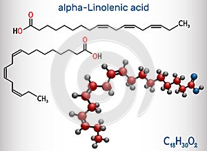 Alpha-linolenic acid, ALA molecule. Carboxylic, polyunsaturated omega-3 fatty acid. Component of many common vegetable oils.