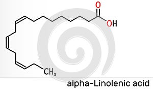 Alpha-linolenic acid, ALA molecule. Carboxylic, polyunsaturated omega-3 fatty acid. Component of many common vegetable oils.