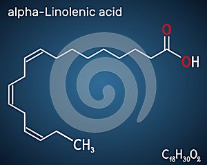 Alpha-linolenic acid, ALA molecule. Carboxylic, polyunsaturated omega-3 fatty acid. Component of many common vegetable oils. Dark