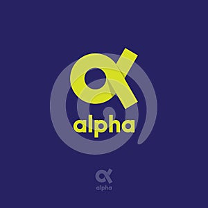 Alpha Logo. Alpha emblem. Yellow Greek letter Alpha on a blue background.