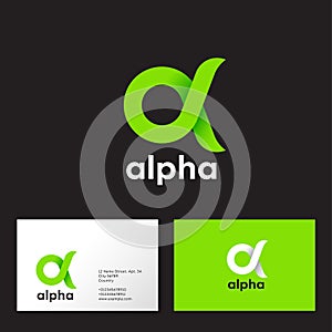 Alpha Logo. A emblem. Green Greek letter Alpha on a dark  background.