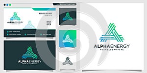 Alpha logo with energy line art style and business card design template Premium Vector