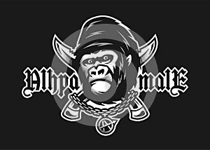 Alpha male. Angry gorilla and crossed knives on a dark background. Vector illustration.