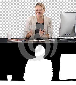 Blogging, technology, videoblog, mass media and people concept - happy smiling woman or blogger talking to camera, Alpha