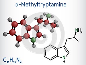 alpha-Methyltryptamine, AMT, molecule. It is psychedelic, stimulant, antidepressant and entactogen drug. Structural