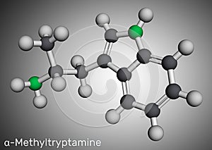 Alpha-Methyltryptamine, Î±MT, AMT,  molecule. It is psychedelic, stimulant, antidepressant and entactogen drug. Molecular model.