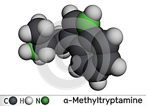 Alpha-Methyltryptamine, Î±MT, AMT,  molecule. It is psychedelic, stimulant, antidepressant and entactogen drug. Molecular model.